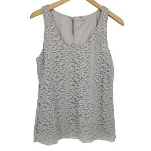 LOFT Women's Blouse Size Small Scoop Neck Top Gray Lace Metallic Sleeveless